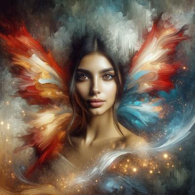 The primary subject of the image is a woman with a beautiful face, wearing a colorful, flowing dress. The setting is a vibrant, artistic background featuring a mix of red, blue, and orange colors. The visual style is a combination of digital art and illustration, creating a unique and captivating portrait. The woman's face is the main focus of the image, and her expression and features are accentuated by the vivid colors and artistic elements in the background.